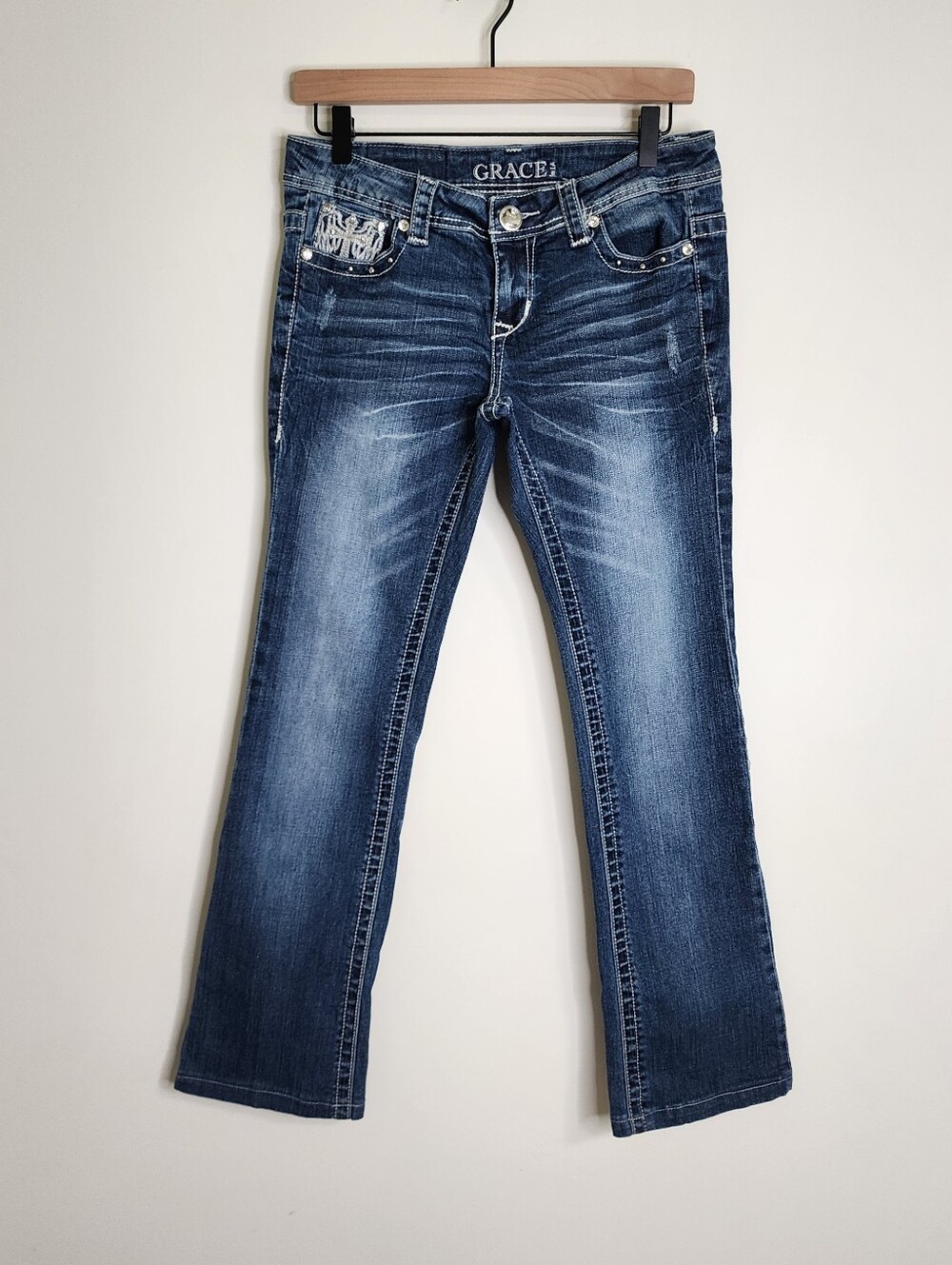Grace In L.A. Indigo Women's Bootcut Bling Embroidered Blue Jeans Sz 28 Rodeo